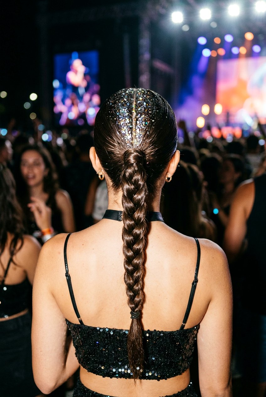 Braided Ponytail With Glitter Roots - 20 concert ponytail with braids - 20 concert ponytail with braids