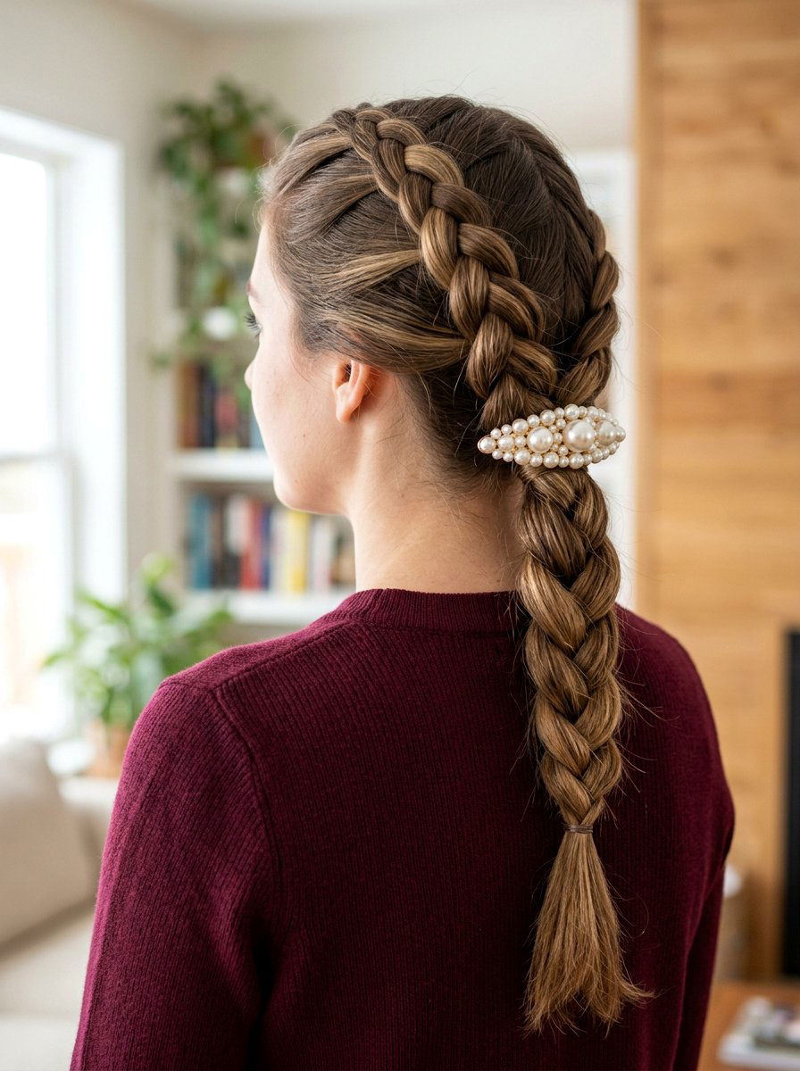 Braided Ponytail With Pearl Barrette - 20 office hairstyle with pearl barrette - 20 office hairstyle with pearl barrette