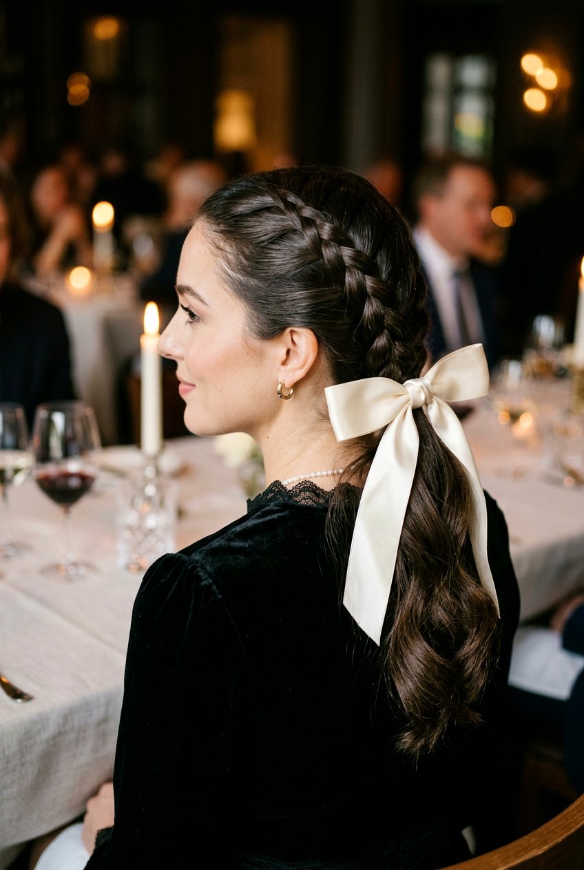 Braided Ponytail With Satin Bow - 20 birthday hairstyle with bow ponytail - 20 birthday hairstyle with bow ponytail