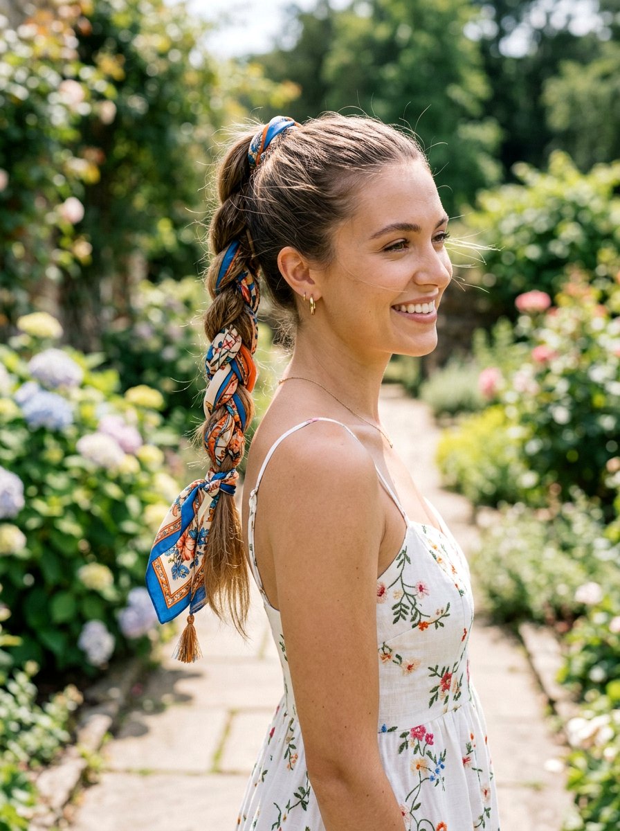 Braided Ponytail With Scarf For Summer - 20 summer braid ponytail for women - 20 summer braid ponytail for women