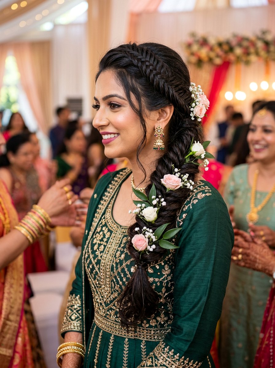Braided Ponytail with Floral Accents - 20 sangeet ponytail hairstyle - 20 sangeet ponytail hairstyle