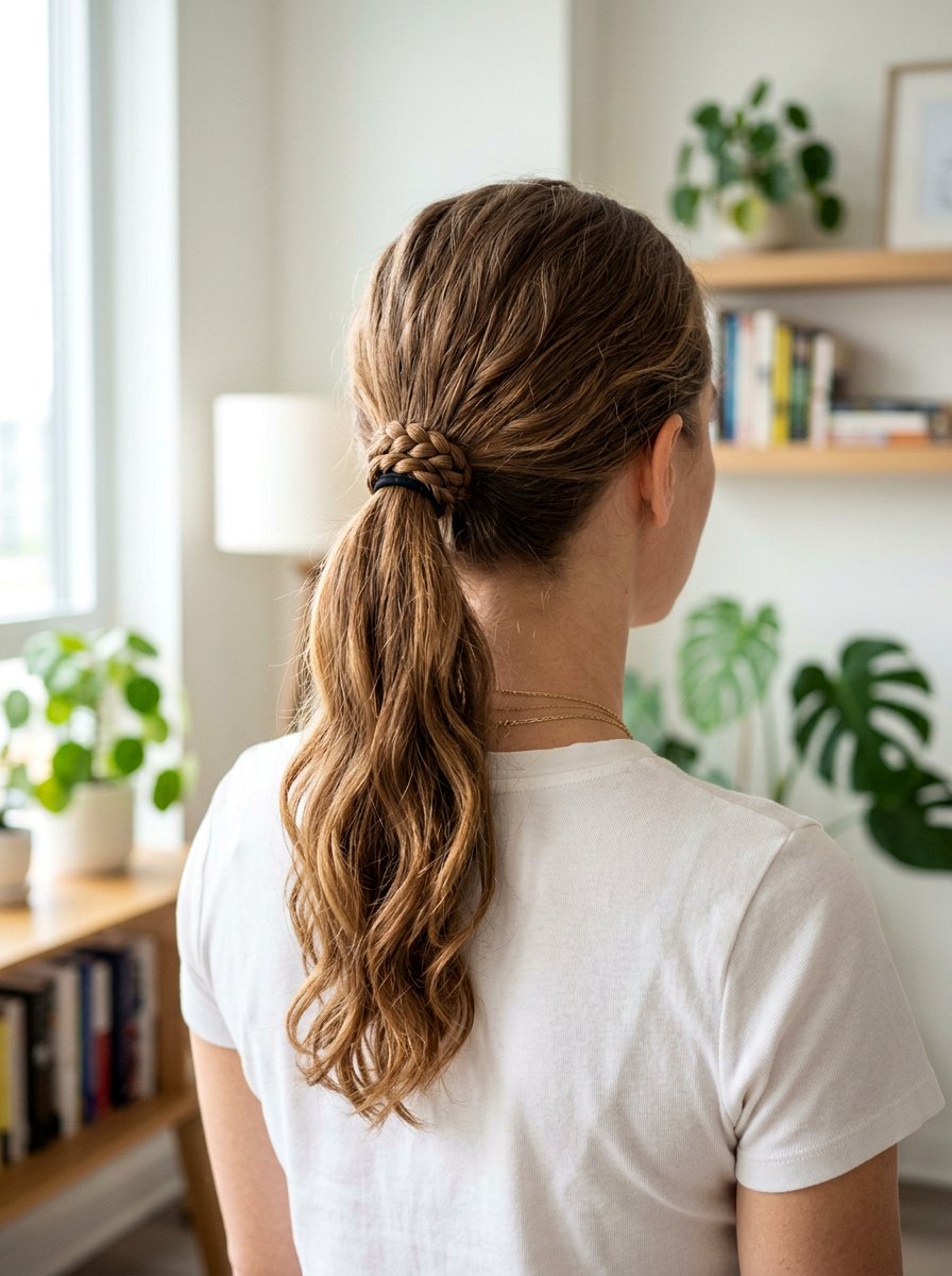 Braided Ponytail with Hair Tie - 20 quick hairstyle for gym mornings - 20 quick hairstyle for gym mornings