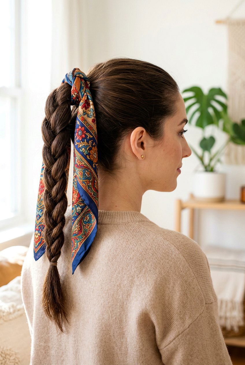 Braided Ponytail with Scarf - 20 cottagecore braided hairstyle for women - 20 cottagecore braided hairstyle for women