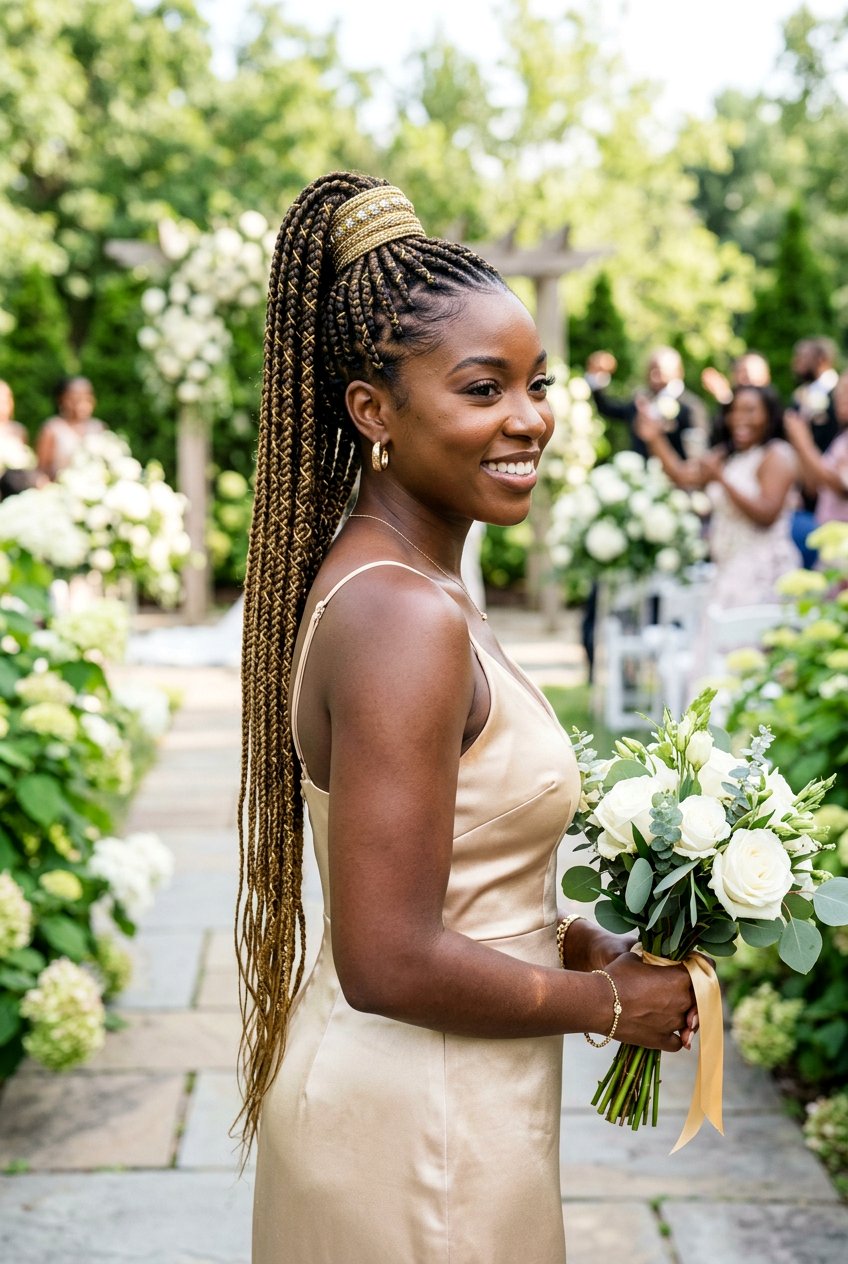 Braided Ponytail with Wrap and Metallic Thread - 20 bridesmaid braid ponytail for black women - 20 bridesmaid braid ponytail for black women