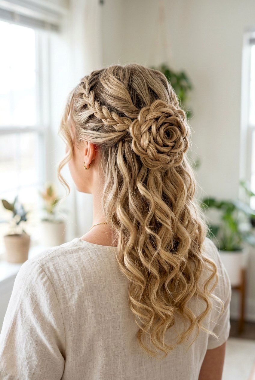 Braided Rose Half Up Hairstyle - 20 half up half down prom hairstyles - 20 half up half down prom hairstyles