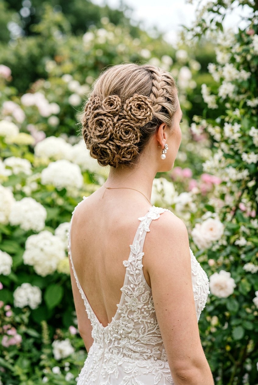 Braided Rosette Updo - 20 boho bridal updo for long hair - 20 boho bridal updo for long hair