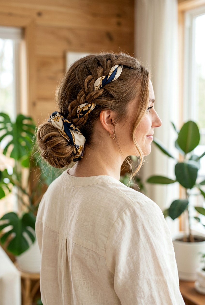 Braided Scarf Low Side Bun - 20 braided scarf hairstyle - 20 braided scarf hairstyle