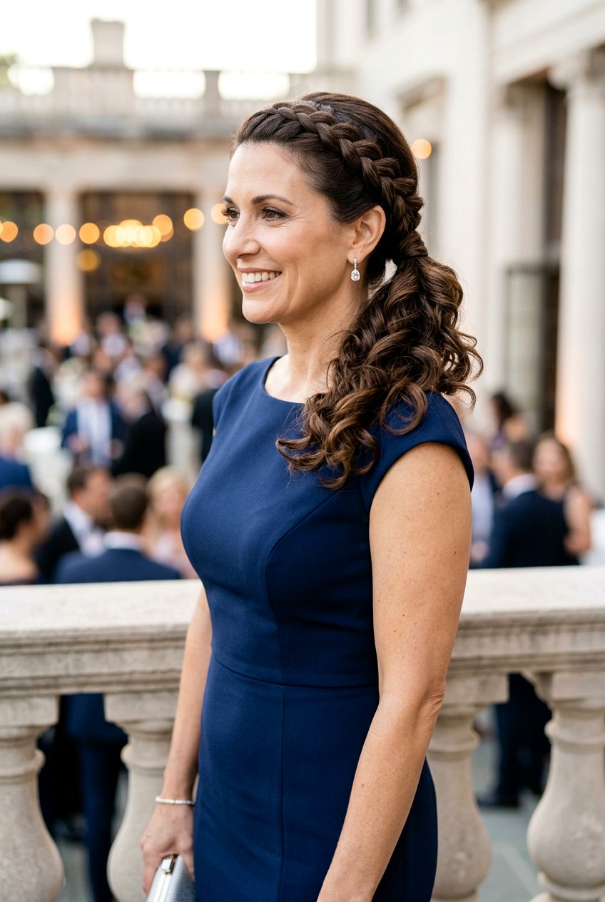 Braided Side Curly Tail - 20 curly wedding guest hairstyle for mature women - 20 curly wedding guest hairstyle for mature women