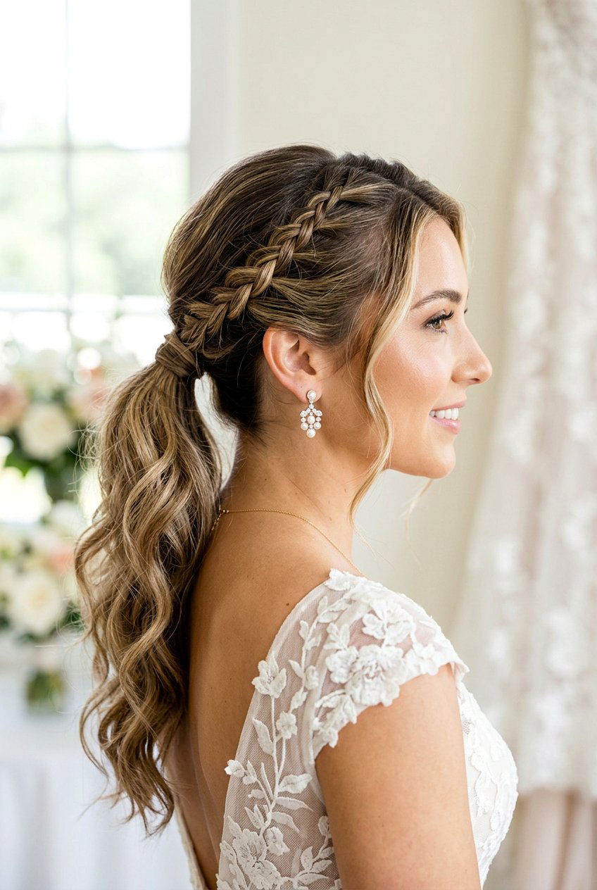 Braided Side Part Bridal Ponytail - 20 bridal ponytail with side part - 20 bridal ponytail with side part