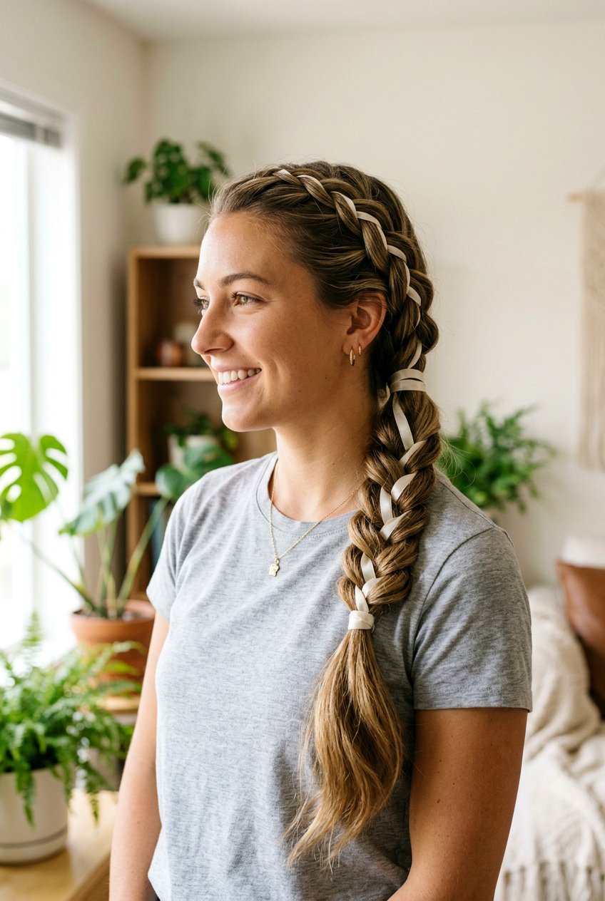 Braided Side Ponytail With Woven Ribbon - 20 side ponytail with ribbon - 20 side ponytail with ribbon