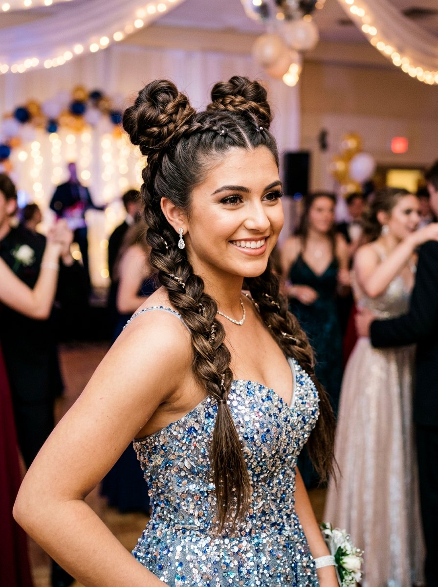 Braided Space Buns - 20 prom hairstyles for thick long hair - 20 prom hairstyles for thick long hair