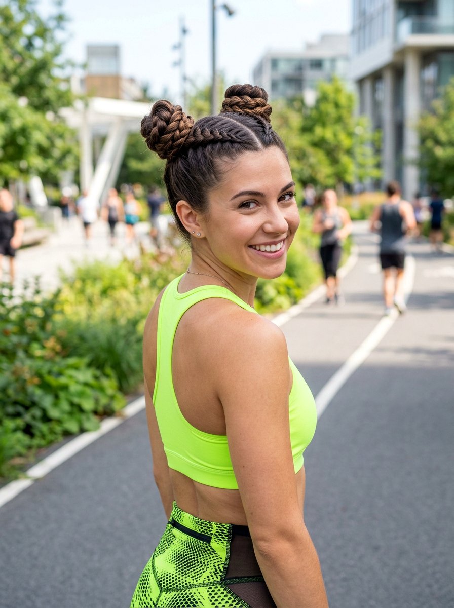 Braided Space Buns - 20 workout hairstyle for shoulder length layers - 20 workout hairstyle for shoulder length layers