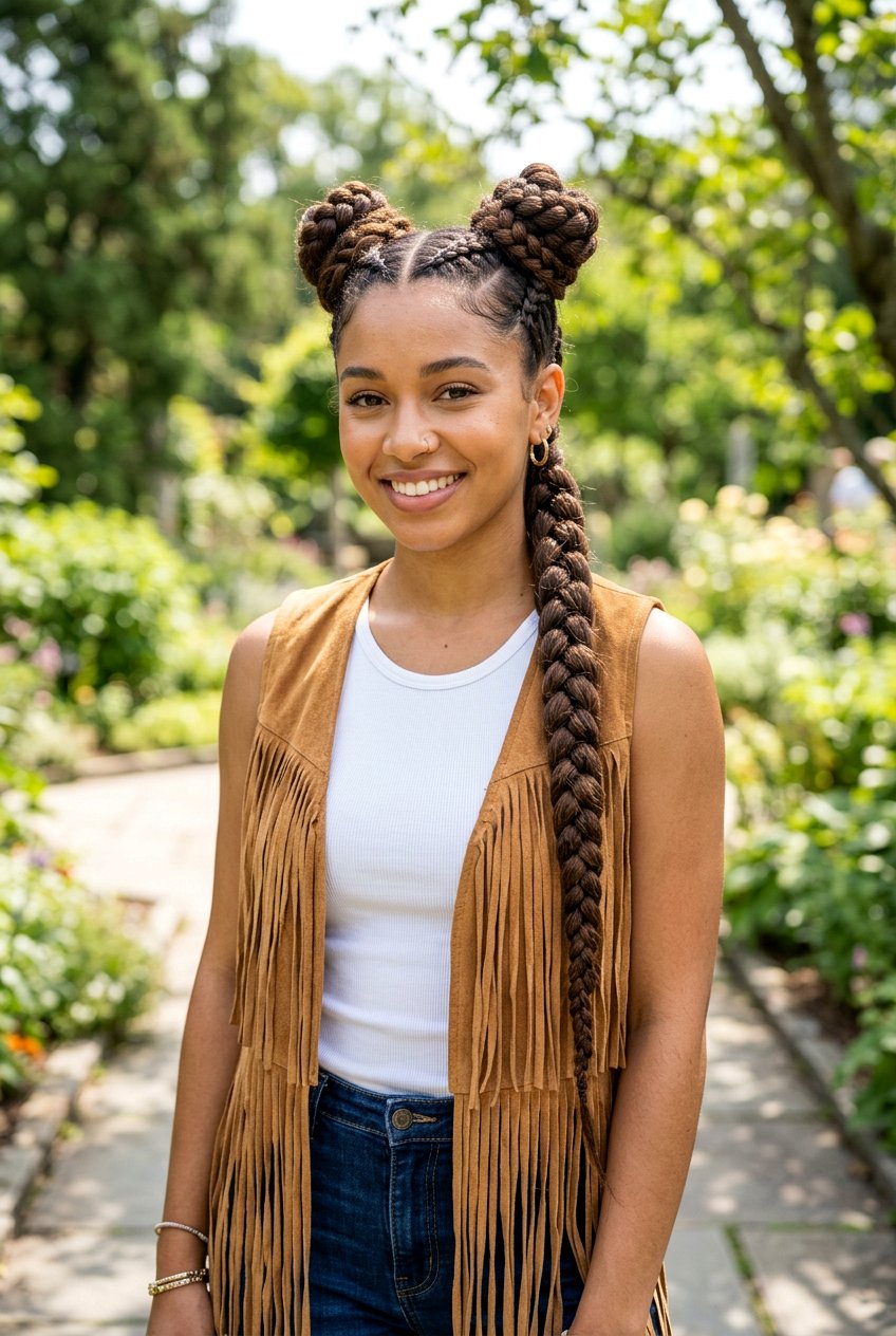 Braided Space Buns With Side Braid - 20 beach hairstyle with messy side braid - 20 beach hairstyle with messy side braid