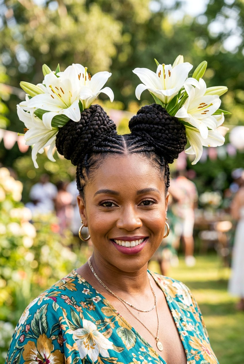 Braided Space Buns With Wild Lilies - 20 fairycore braid hairstyle with flowers - 20 fairycore braid hairstyle with flowers