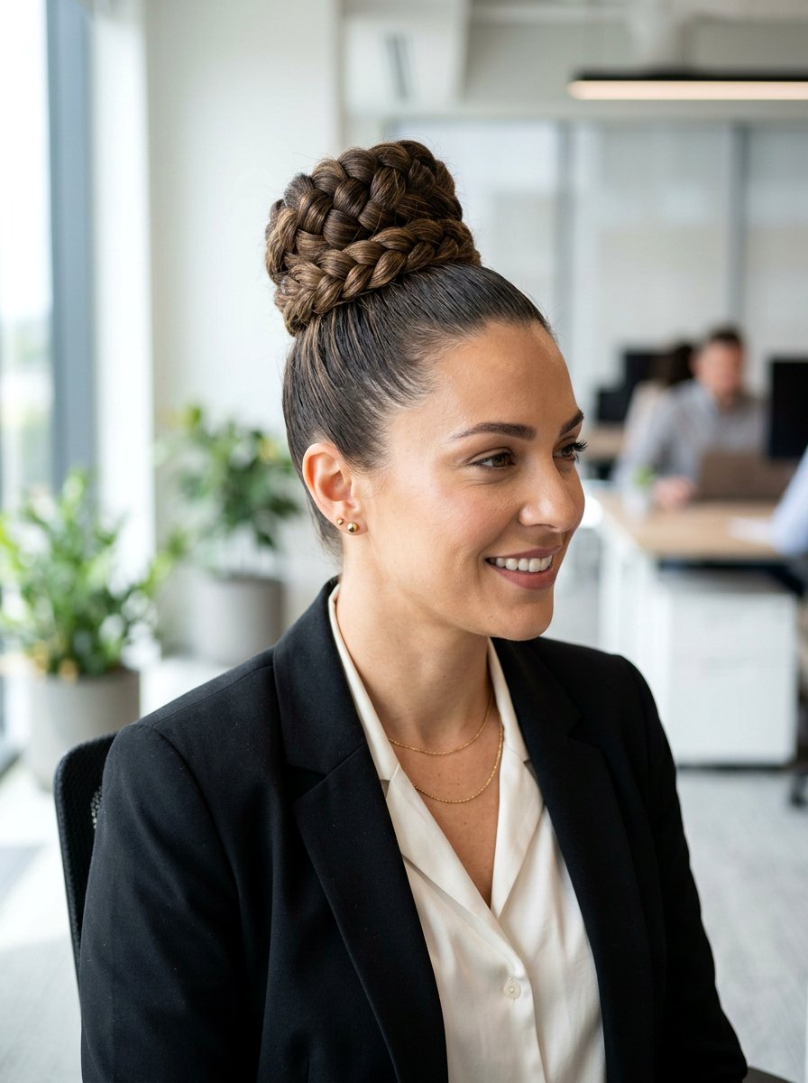 Braided Top Knot - 20 office hairstyle for humid days - 20 office hairstyle for humid days