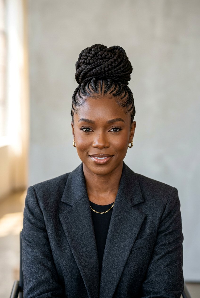 Braided Updo With a High Bun - 20 office friendly braided hairstyles for black women - 20 office friendly braided hairstyles for black women