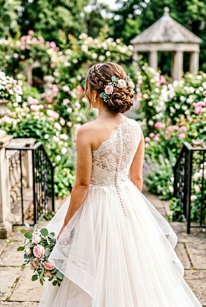Braided Wedding Bun With Pink Roses - 20 wedding bun with flowers - 20 wedding bun with flowers