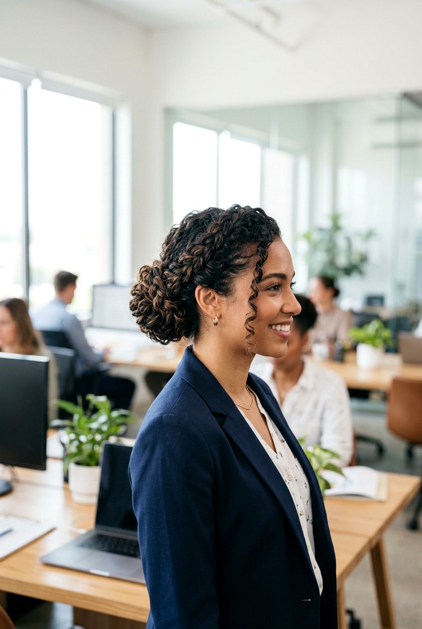 Braided bun curly hair - 20 interview hairstyle for curly hair women - 20 interview hairstyle for curly hair women