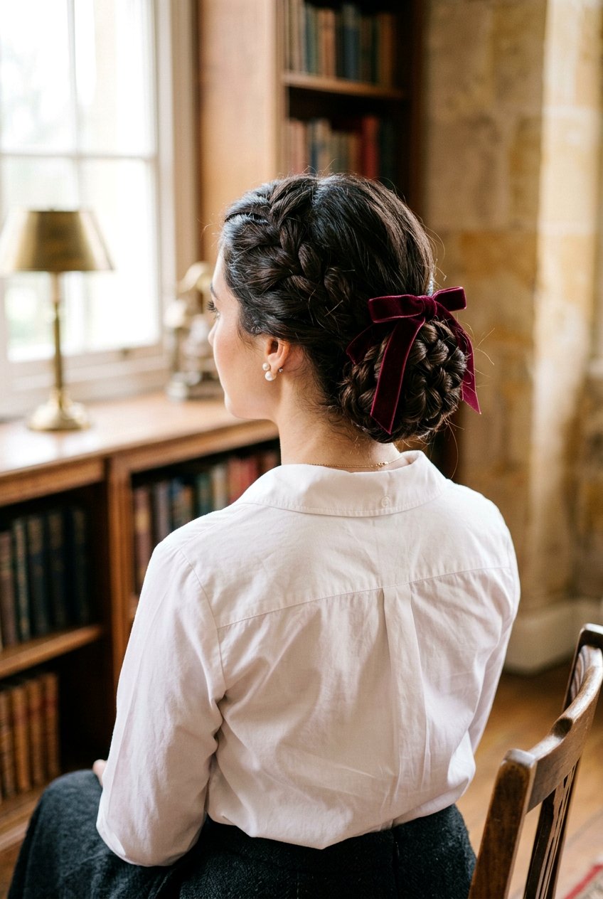 Braided bun with velvet ribbon - 20 dark academia bun for women - 20 dark academia bun for women