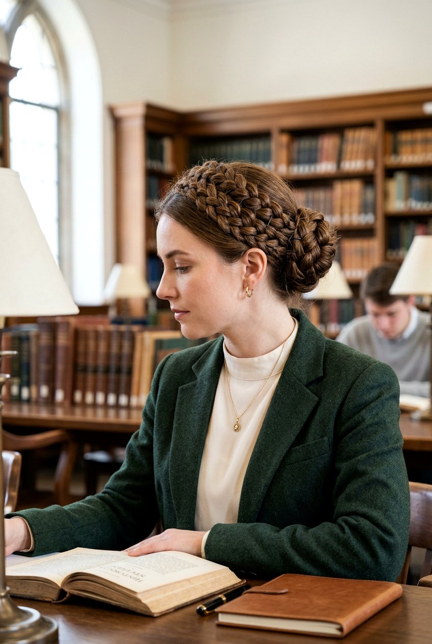 Braided crown bun for academia - 20 dark academia bun for women - 20 dark academia bun for women