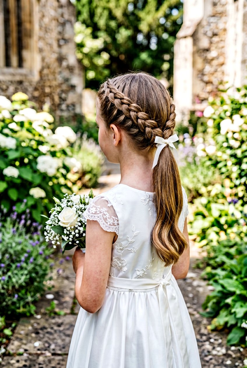 Braided crown into low ponytail - 20 communion ponytail hairstyle - 20 communion ponytail hairstyle