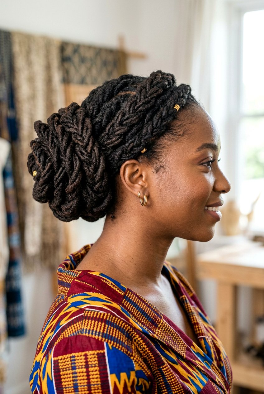 Braided loc petal bun - 20 loc petal bun hairstyle - 20 loc petal bun hairstyle