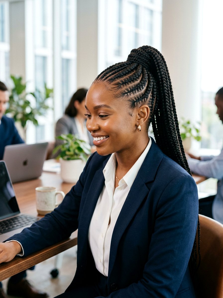 Braided ponytail with stitch braids - 20 stitch braids into ponytail - 20 stitch braids into ponytail