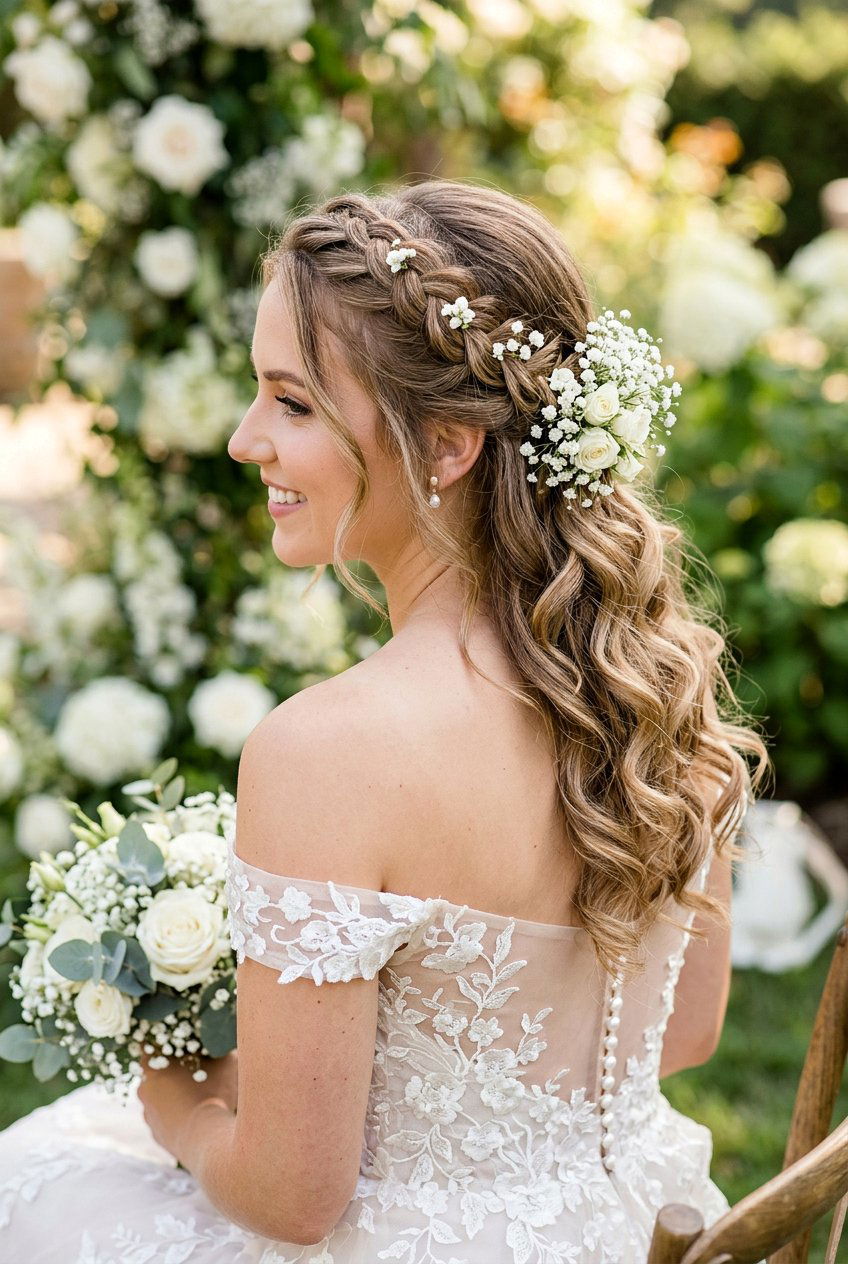 Bridal Braid With Babys Breath And Loose Curls - 20 bridal braid with babys breath - 20 bridal braid with baby’s breath