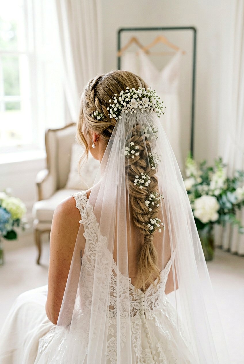 Bridal Braid With Babys Breath And Veil - 20 bridal braid with babys breath - 20 bridal braid with baby’s breath