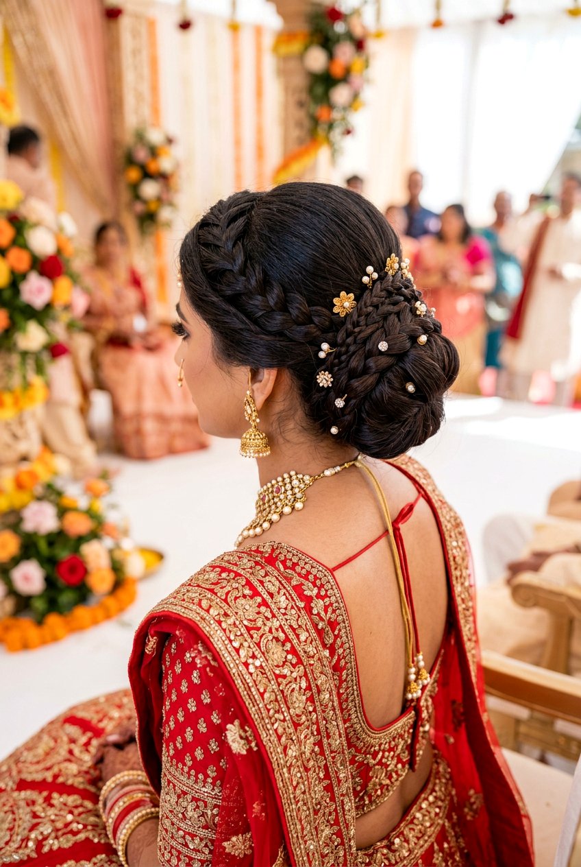 Bridal Bun With Braided Back Detail - 20 desi bridal bun hairstyle - 20 desi bridal bun hairstyle