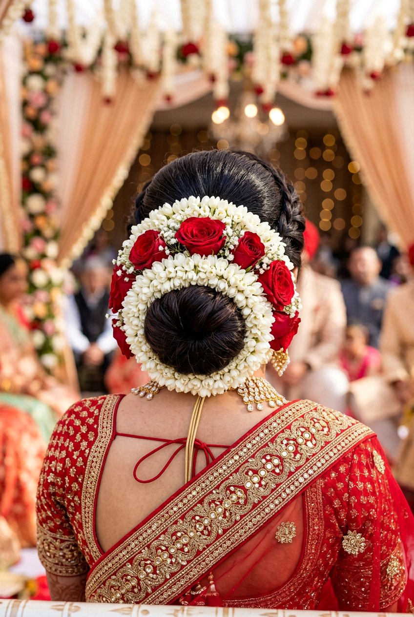 Bridal Bun With Layered Gajra And Roses - 20 desi bridal bun hairstyle - 20 desi bridal bun hairstyle