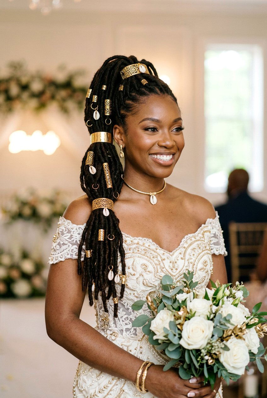 Bridal Loc Ponytail with Beads and Cuffs - 20 bridal loc ponytail hairstyle - 20 bridal loc ponytail hairstyle