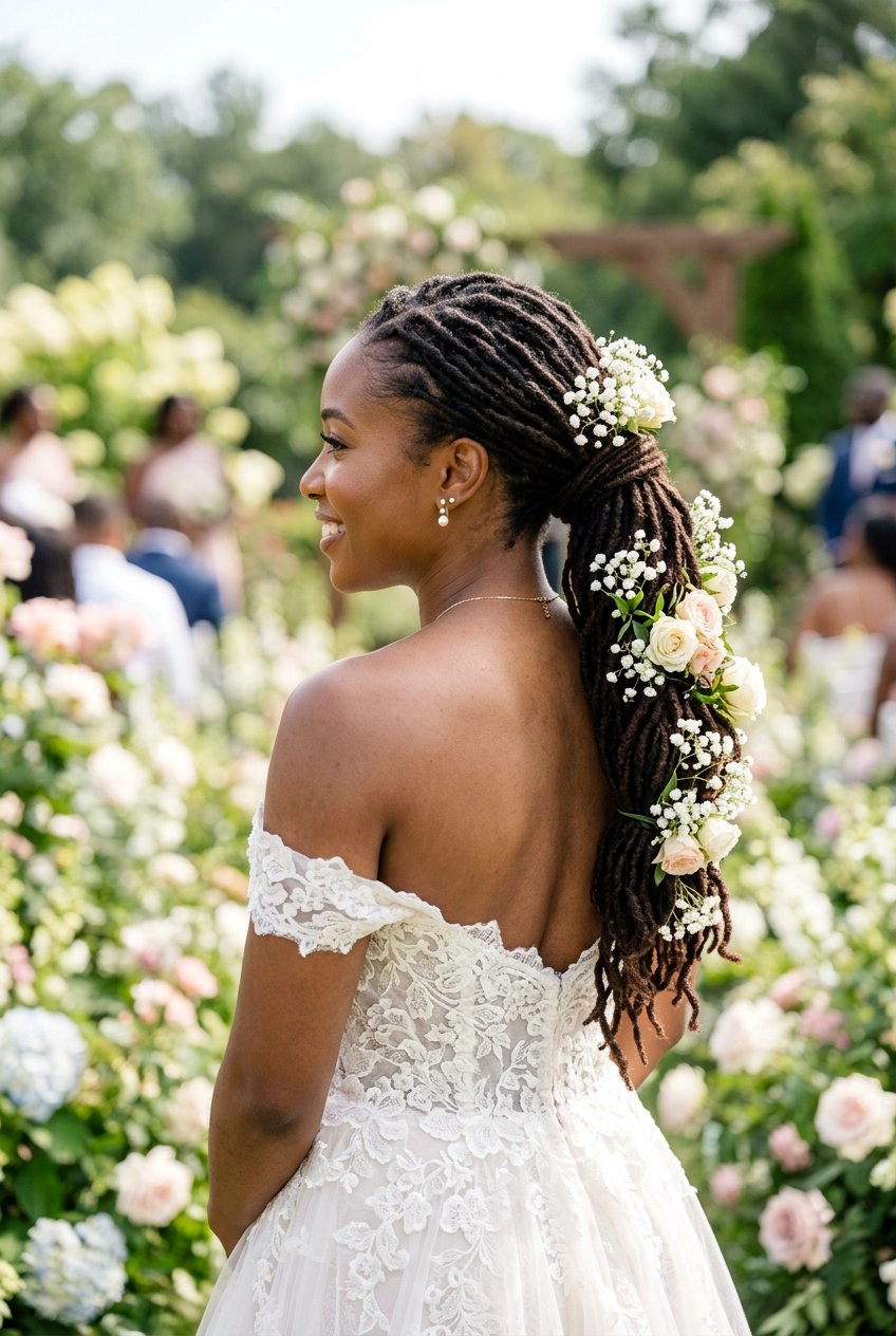 Bridal Loc Ponytail with Flowers - 20 bridal loc ponytail hairstyle - 20 bridal loc ponytail hairstyle