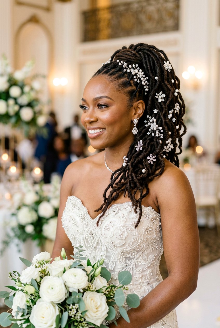Bridal Loc Ponytail with Jeweled Pins - 20 bridal loc ponytail hairstyle - 20 bridal loc ponytail hairstyle