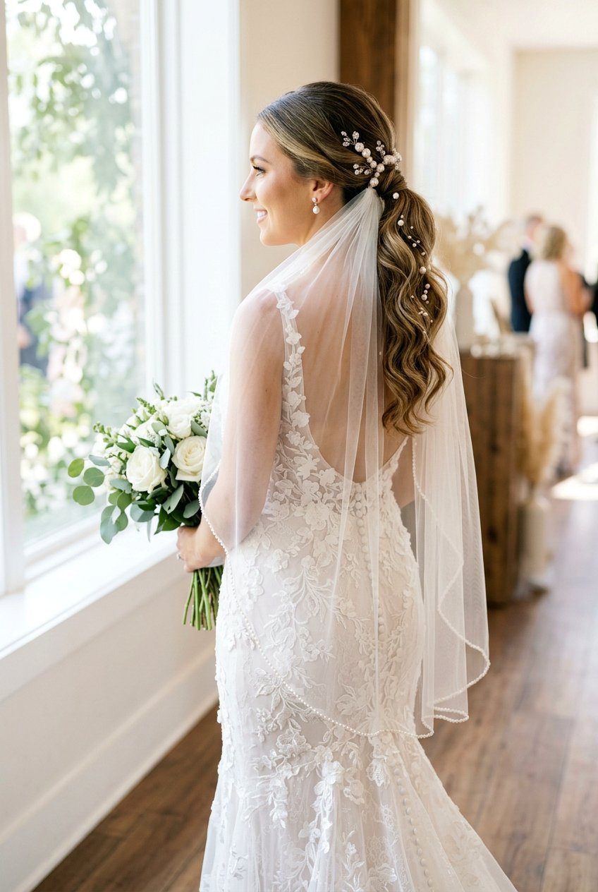 Bridal Pearl Ponytail With Veil - 20 pearl ponytail hairstyle - 20 pearl ponytail hairstyle