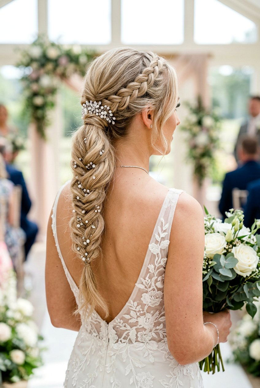 Bridal Ponytail Braid With Crystal Hairpins - 20 crystal hairpin bridal hairstyle - 20 crystal hairpin bridal hairstyle