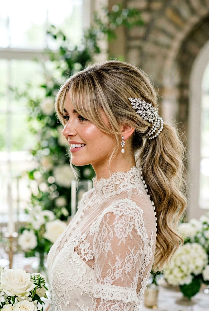 Bridal Ponytail With Curtain Bangs And Crystal Pins - 20 bridal ponytail with crystal pins - 20 bridal ponytail with crystal pins