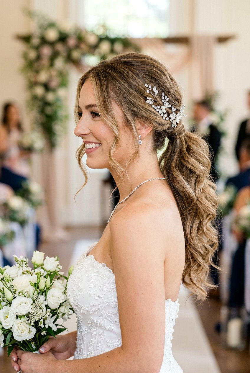Bridal Ponytail With Face Framing Strands And Crystal Pins - 20 bridal ponytail with crystal pins - 20 bridal ponytail with crystal pins