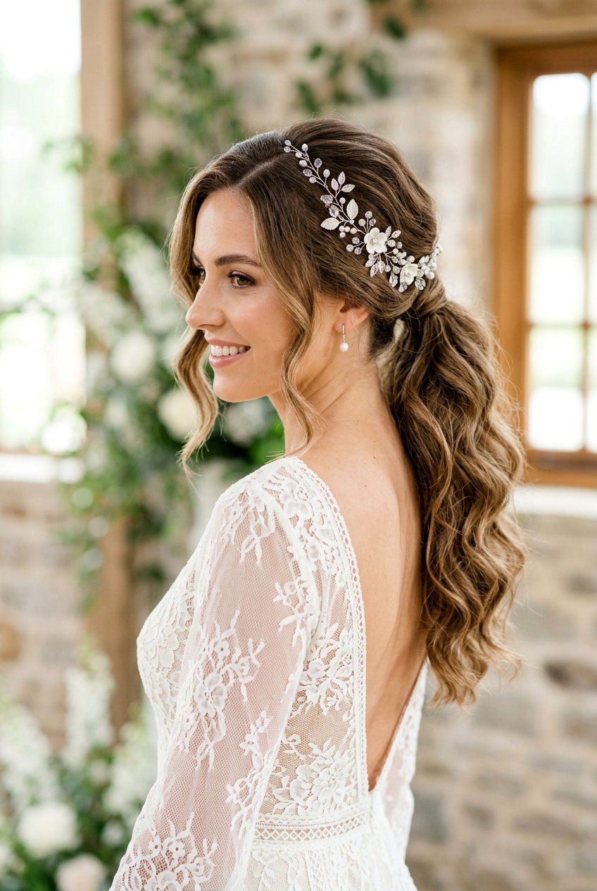 Bridal Ponytail With Side Part And Hair Vine - 20 bridal ponytail with side part - 20 bridal ponytail with side part