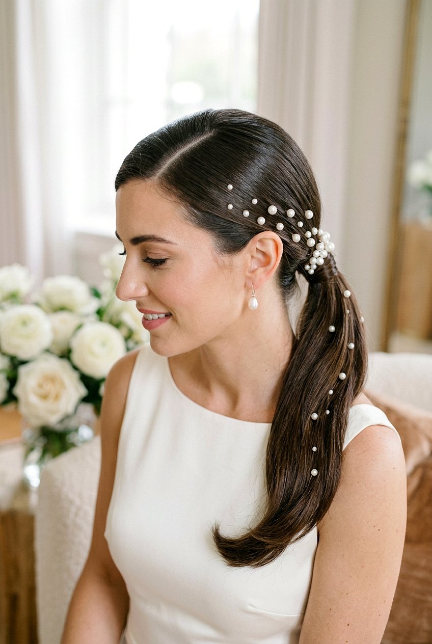 Bridal Ponytail With Side Part And Pearl Pins - 20 bridal ponytail with side part - 20 bridal ponytail with side part