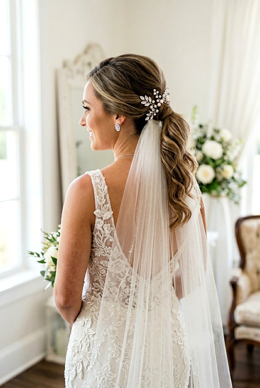 Bridal Ponytail With Veil And Crystal Pins - 20 bridal ponytail with crystal pins - 20 bridal ponytail with crystal pins