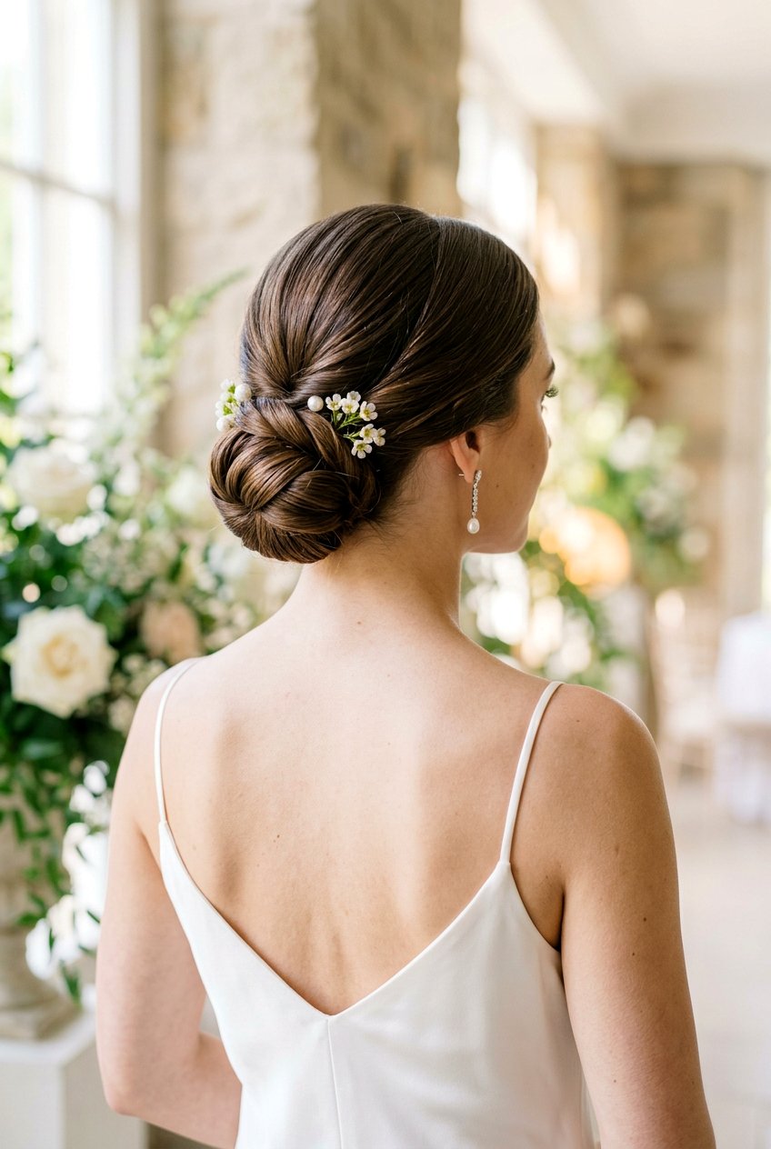 Bridal Twisted Low Bun Straight Hair - 20 bridal hairstyle for straight sleek look - 20 bridal hairstyle for straight sleek look