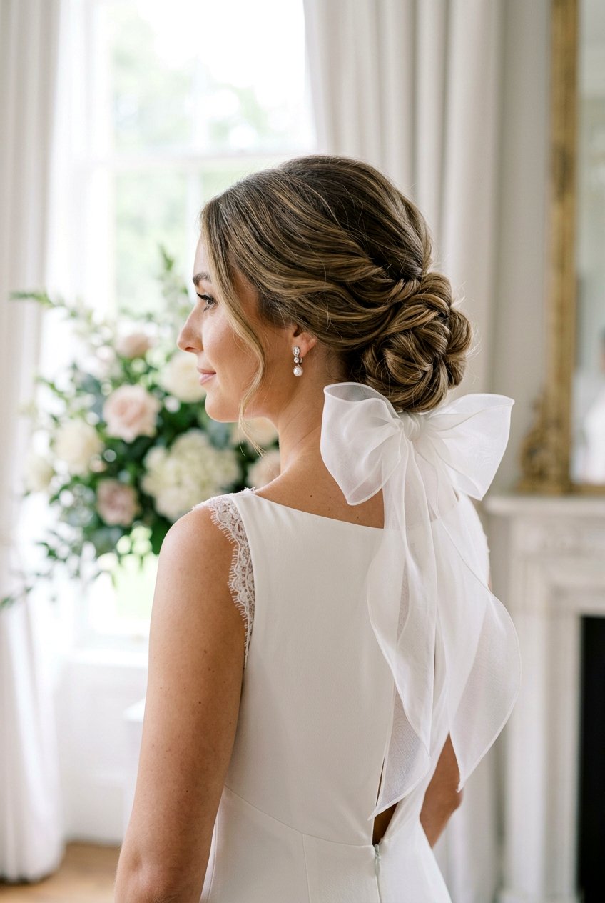 Bridal Updo With Bow Hair Accessory - 20 bow hairstyles for women - 20 bow hairstyles for women