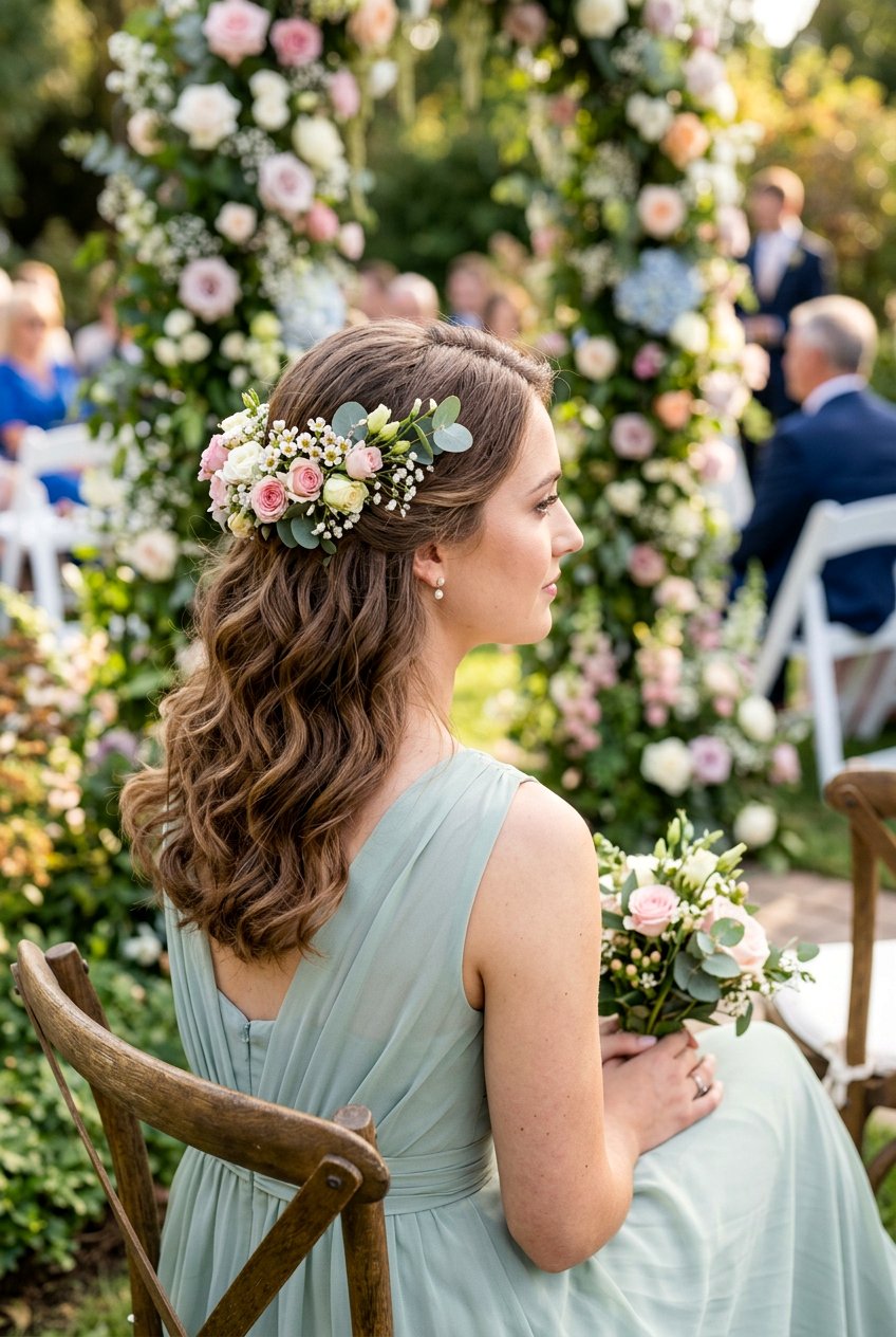 Bridesmaid Curls With Floral Hairpiece - 20 bridesmaid hairstyles with curls - 20 bridesmaid hairstyles with curls