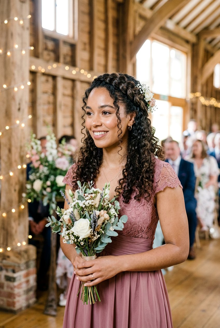 Bridesmaid Curly Half Up With Braid - 20 bridesmaid hairstyles with curls - 20 bridesmaid hairstyles with curls