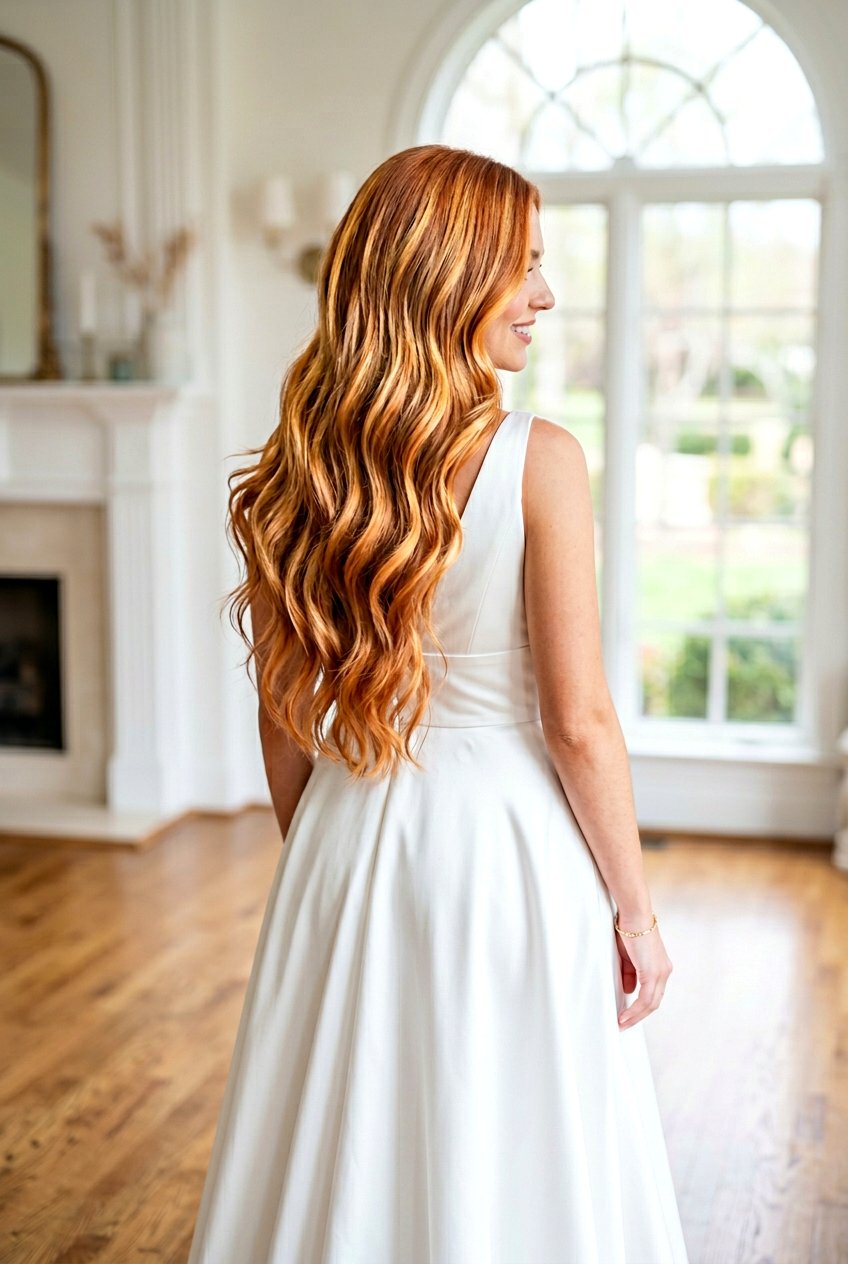 Bright Apricot Copper Ribbons On Long Hair - 20 apricot copper ribbons hair - 20 apricot copper ribbons hair