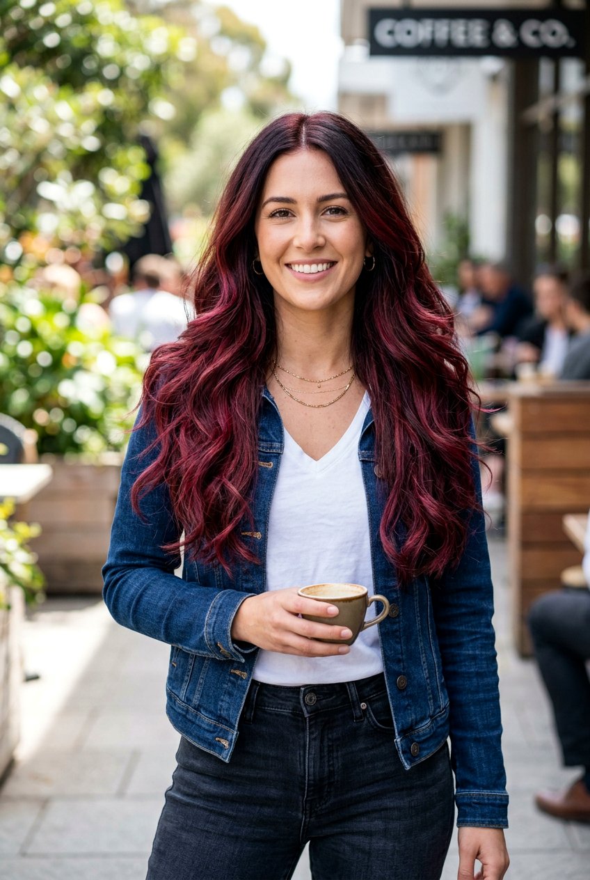 Bright Cherry Cola Balayage on Long Layers - 20 cherry cola balayage hair - 20 cherry cola balayage hair