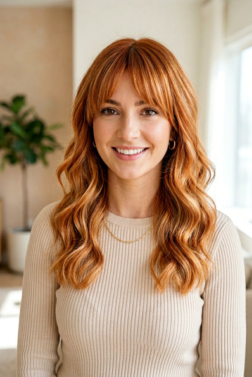 Bright Copper Blonde Balayage With Full Curtain Bangs - 20 copper balayage with curtain bangs - 20 copper balayage with curtain bangs