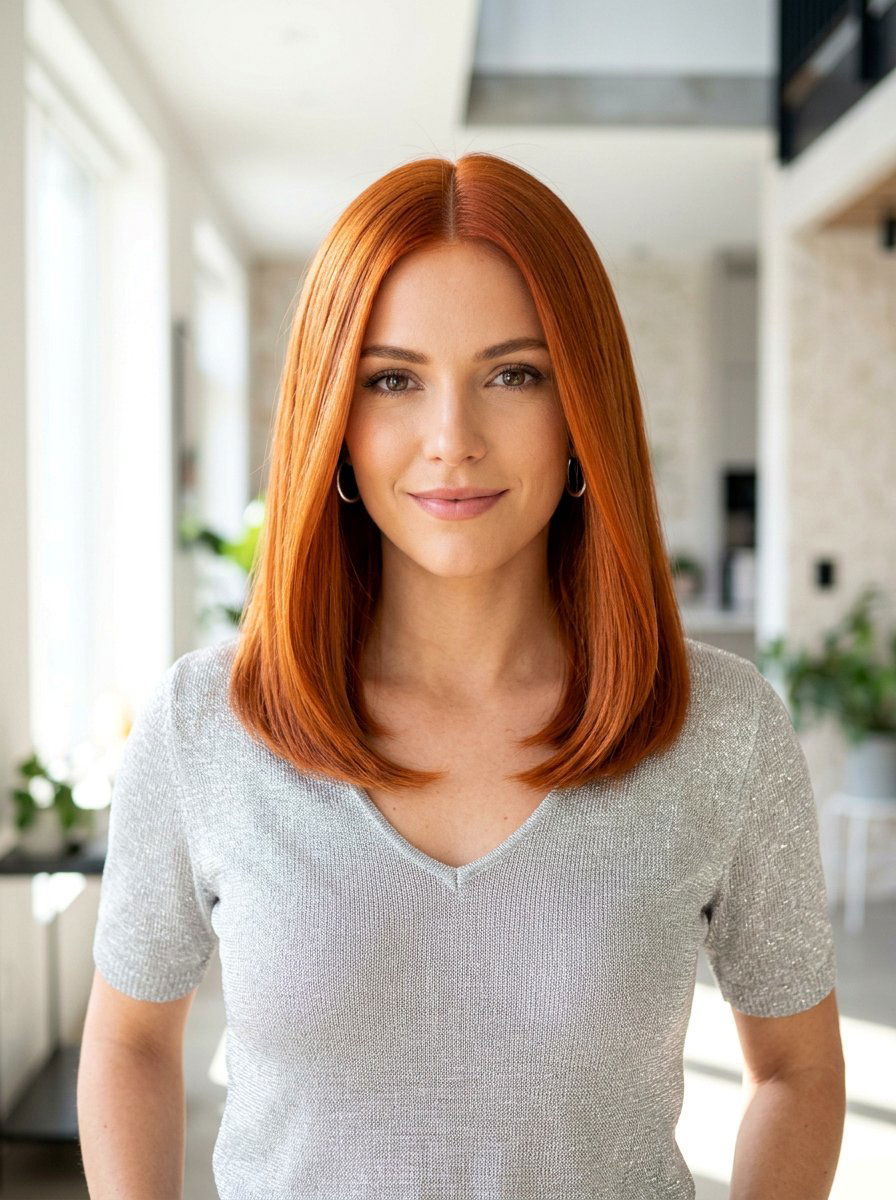 Bright Copper Middle Part Lob - 20 copper lob hair color ideas - 20 copper lob hair color ideas