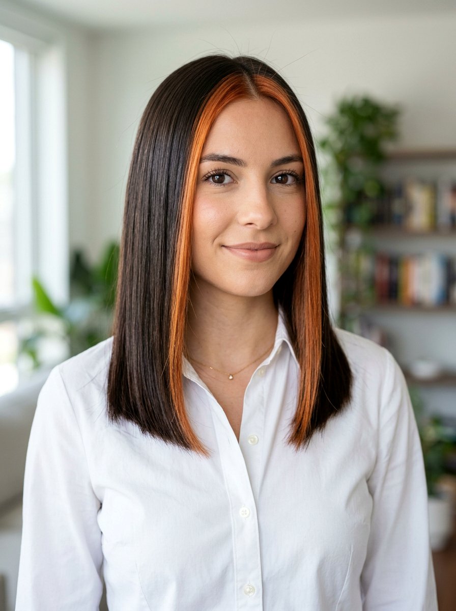 Bright Copper Money Piece on Straight Brunette Hair - 20 pumpkin spice money piece hair - 20 pumpkin spice money piece hair